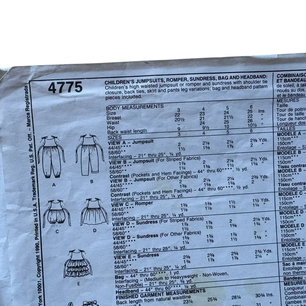 Vintage 1990 MCCALLS Kids Jumpsuit Romper Dress Pattern Size 3 #4775 Cut
